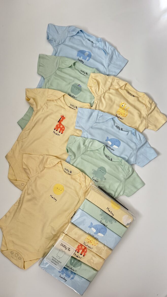 7 gab. pastel toņu īsroku bodiji “Nedēļas dienas”