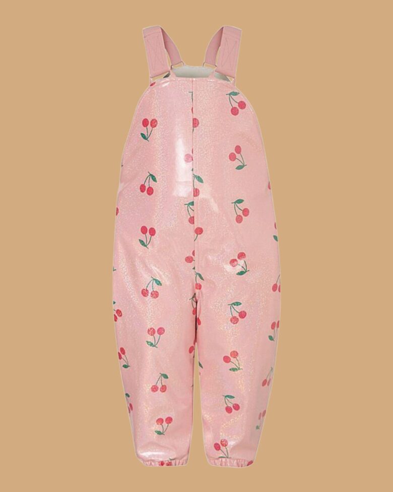 Siltinātas, ūdens necaurlaidīgas kombinezonbikses ar ķiršiem un gliteru spīdumu