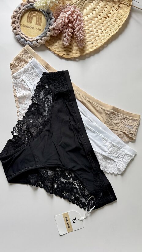 3 gab. mežģīņu “Brazilian” apakšbikses bāzes toņos 