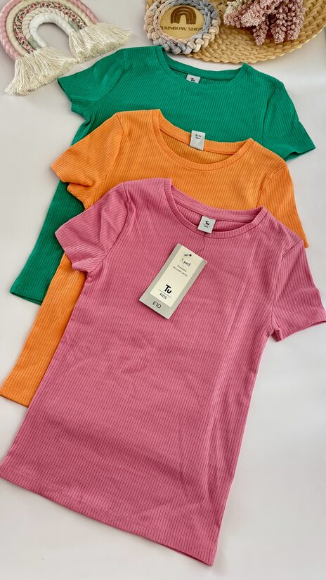 3 gab. ribbed T-ktekli, rozā, oranžs, zaļš 