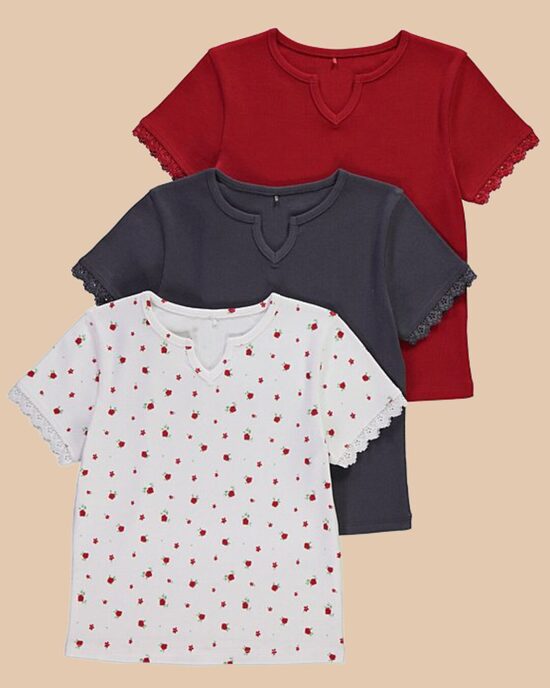 3 gab. ribbed crop T-krekli “Rozītes” ar mežģīņu maliņu piedurknēs