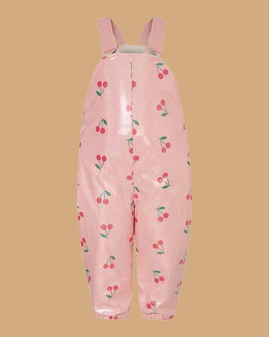 Siltinātas, ūdens necaurlaidīgas kombinezonbikses ar ķiršiem un gliteru spīdumu