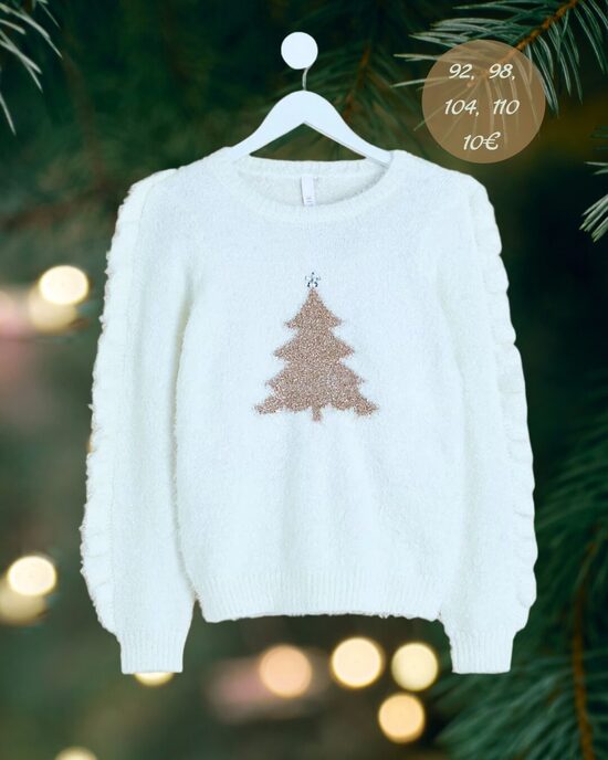 Balts mohēras džemperis ar spīdīgu golden rose egli un volāniem