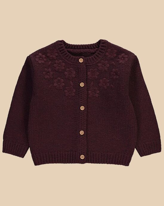Burgundijas adīta jaka ar izšūtām puķītēm 